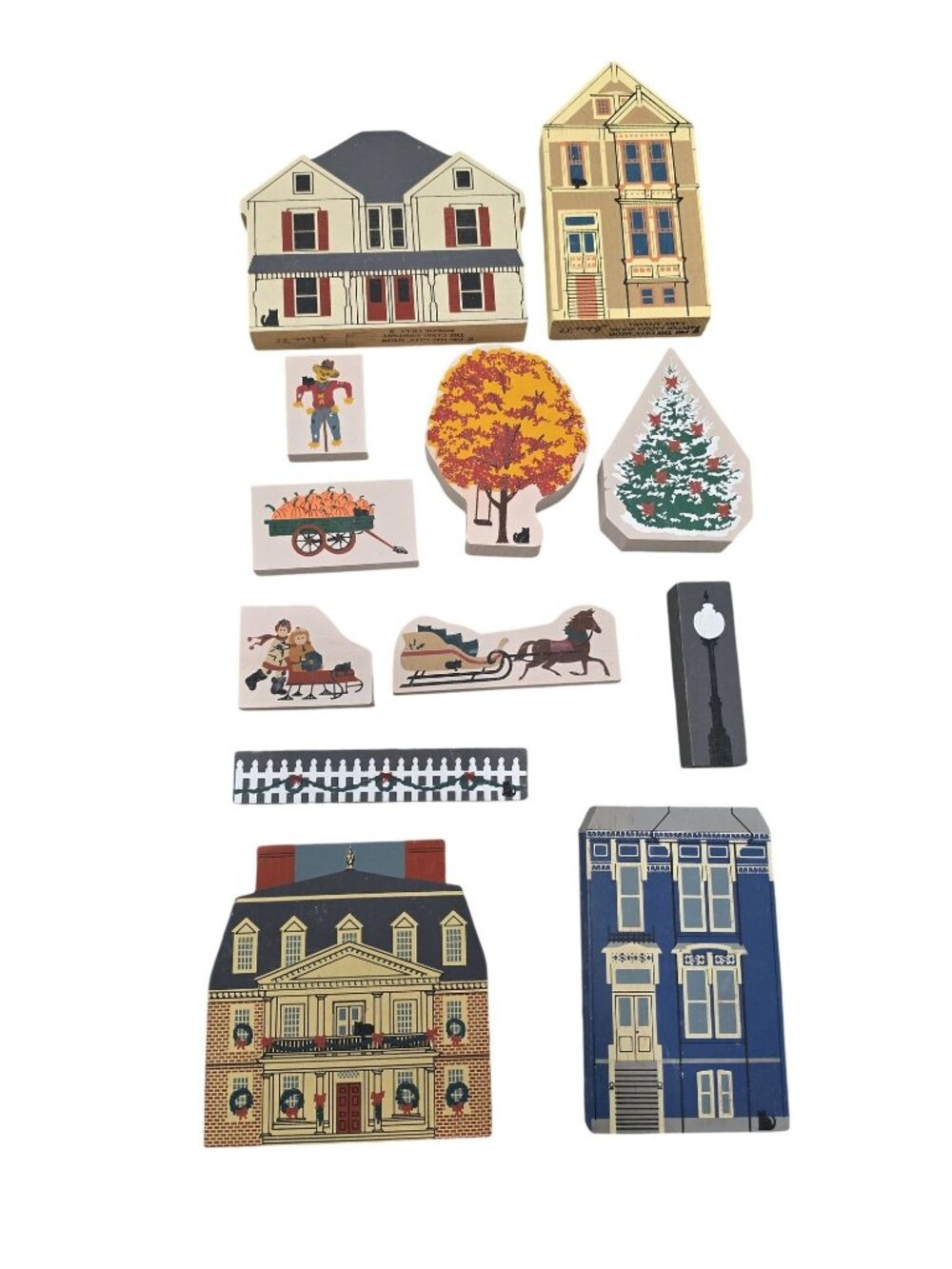 Handcrafted Cats Meow Wooden Christmas fall Village Set With Winter & Autumn